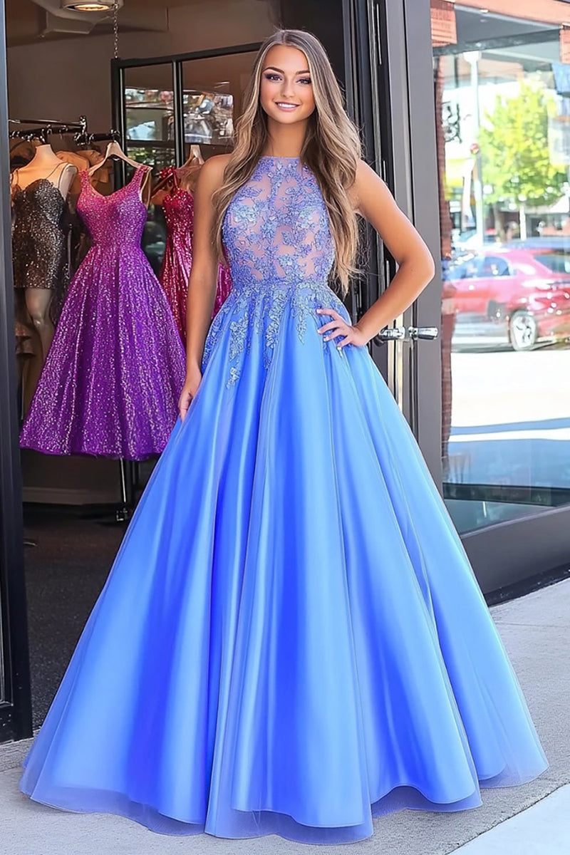 Laden Sie das Bild in den Galerie-Viewer, Blau Tüll Spitze Applikationen Bodenlanges Ballkleid