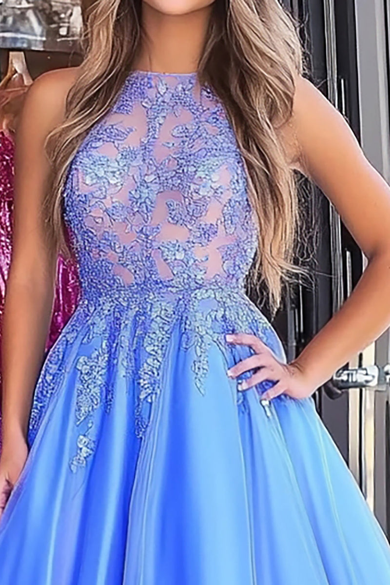 Laden Sie das Bild in den Galerie-Viewer, Blau Tüll Spitze Applikationen Bodenlanges Ballkleid