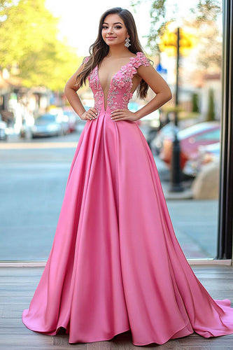 Rosa A Linie V-Ausschnitt Langes Ballkleid mit 3D-Blume