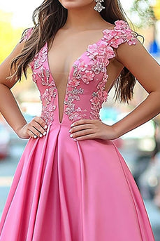 Rosa A Linie V-Ausschnitt Langes Ballkleid mit 3D-Blume