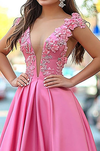 Rosa A Linie V-Ausschnitt Langes Ballkleid mit 3D-Blume