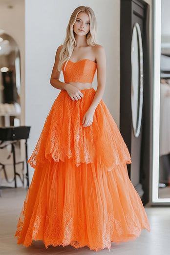 2-Teiliges Orange Spitze Trägerloses Bodenlanges Ballkleid