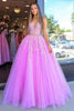 Laden Sie das Bild in den Galerie-Viewer, Fuchsia Blumenmuster Bodenlanges Ballkleid mit Spitze