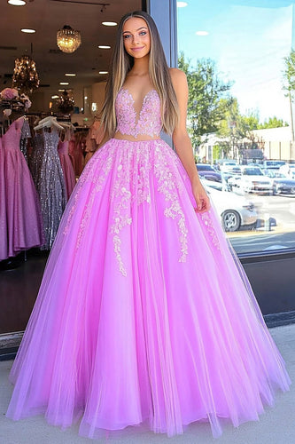 Fuchsia Blumenmuster Bodenlanges Ballkleid mit Spitze