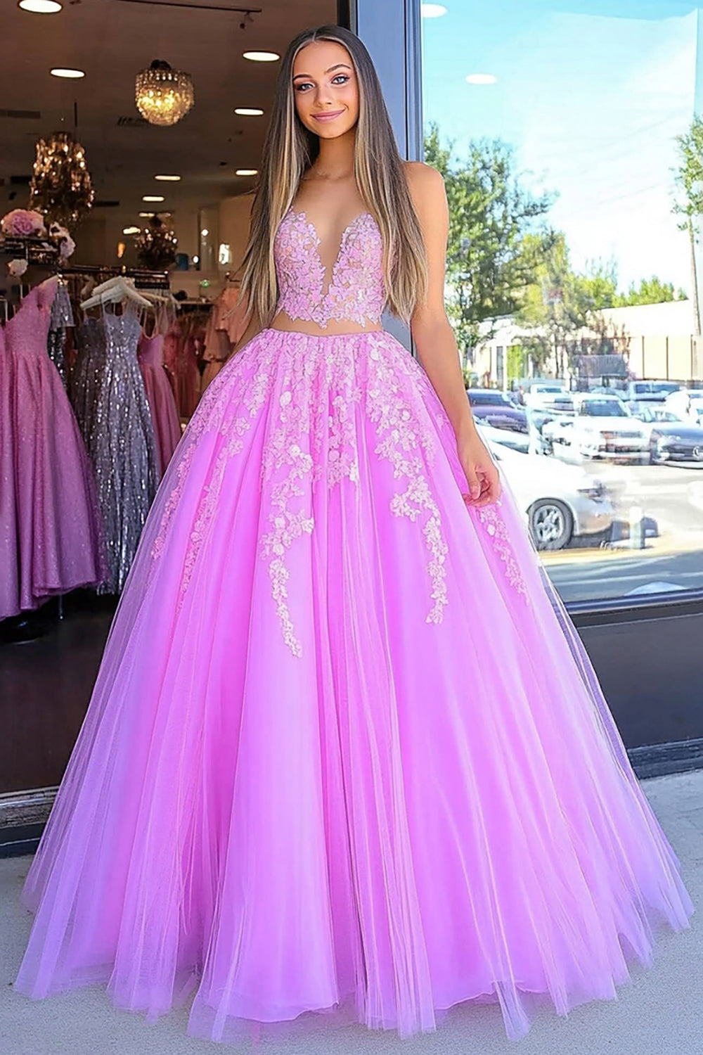 Fuchsia Blumenmuster Bodenlanges Ballkleid mit Spitze