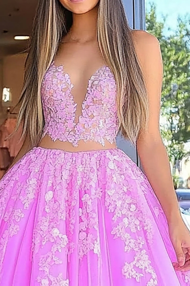 Laden Sie das Bild in den Galerie-Viewer, Fuchsia Blumenmuster Bodenlanges Ballkleid mit Spitze