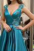 Laden Sie das Bild in den Galerie-Viewer, Pfauen V-Ausschnitt Satin A Linie Langes Ballkleid mit 3D-Blume