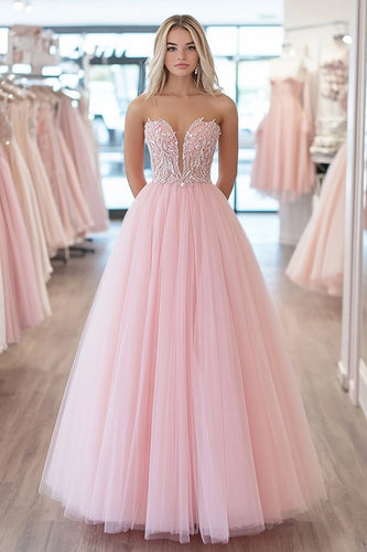 Rosa Glitzer Trägerloses Tüll Korsett Bodenlanges Ballkleid