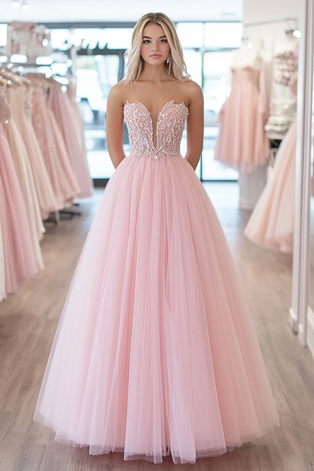 Rosa Glitzer Trägerloses Tüll Korsett Bodenlanges Ballkleid