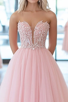 Rosa Glitzer Trägerloses Tüll Korsett Bodenlanges Ballkleid