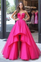 Laden Sie das Bild in den Galerie-Viewer, A Linie Satin Fuchsia Korsett Bodenlanges Ballkleid