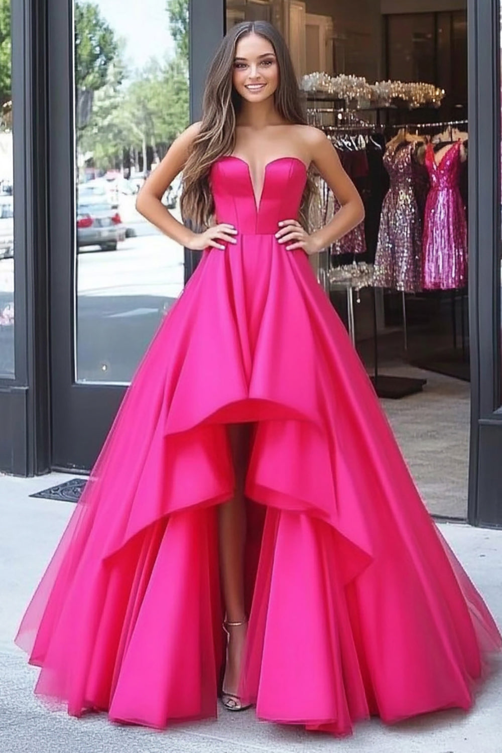 A Linie Satin Fuchsia Korsett Bodenlanges Ballkleid