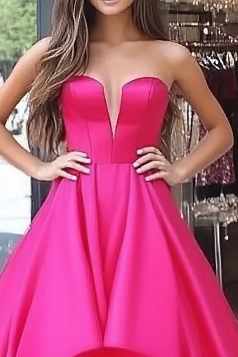 Laden Sie das Bild in den Galerie-Viewer, A Linie Satin Fuchsia Korsett Bodenlanges Ballkleid