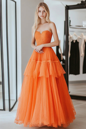 Gestaffelt A Linie Orange Herzhals Langes Ballkleid mit Spitze
