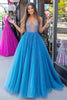 Laden Sie das Bild in den Galerie-Viewer, Glitzer Blau A Linie Tüll Langes Ballkleid mit Applikationen