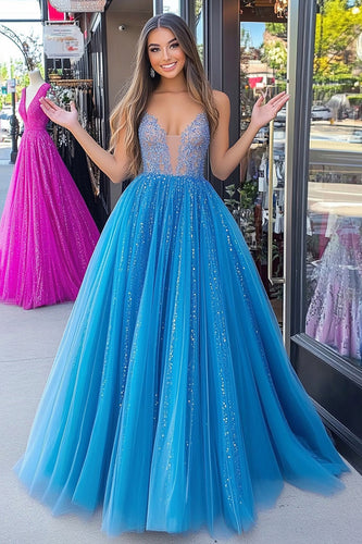 Glitzer Blau A Linie Tüll Langes Ballkleid mit Applikationen