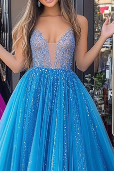 Glitzer Blau A Linie Tüll Langes Ballkleid mit Applikationen