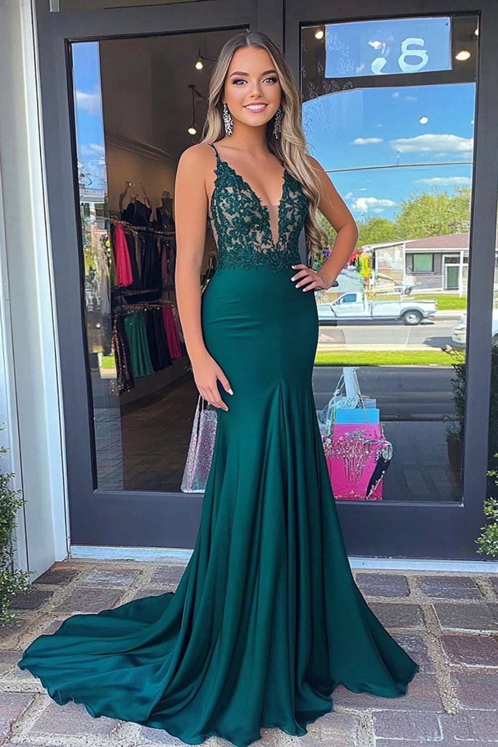 Dunkelgrünes Korset Etui Langes Ballkleid mit Spitze