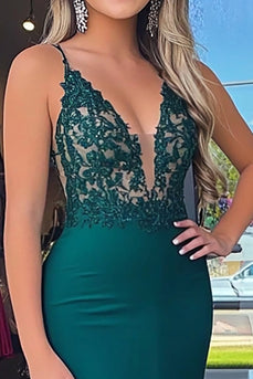 Dunkelgrünes Korset Etui Langes Ballkleid mit Spitze
