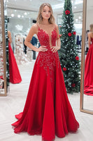 Laden Sie das Bild in den Galerie-Viewer, Rote Glitzer Satin V-Ausschnitt Langes Ballkleid mit Blumenmuster