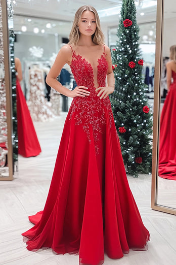 Rote Glitzer Satin V-Ausschnitt Langes Ballkleid mit Blumenmuster