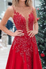 Laden Sie das Bild in den Galerie-Viewer, Rote Glitzer Satin V-Ausschnitt Langes Ballkleid mit Blumenmuster