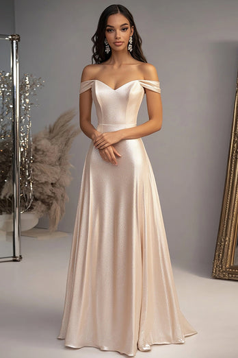 Elegantes Champagner Schulterfreies Bodenlanges Abendkleid