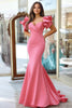 Laden Sie das Bild in den Galerie-Viewer, Meerjungfrau Rosa Satin Langes Ballkleid mit Rüschen