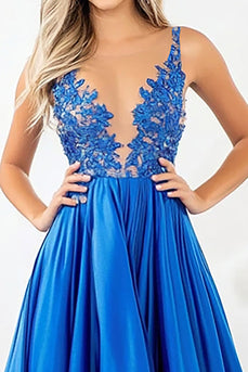 Königsblau Hoch-Tief A Linie Ballkleid mit Spitze Applikationen