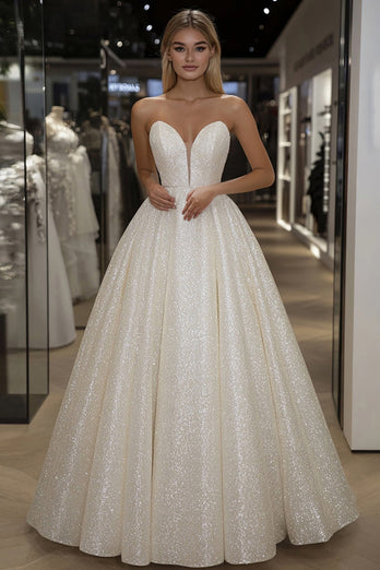 Glitzer Elfenbein Trägerloses Bodenlanges Ballkleid