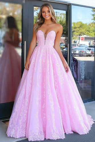 Rosa Trägerloses A Linie Korsett Blumen Langes Ballkleid mit Spitze
