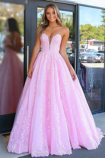 Rosa Trägerloses A Linie Korsett Blumen Langes Ballkleid mit Spitze