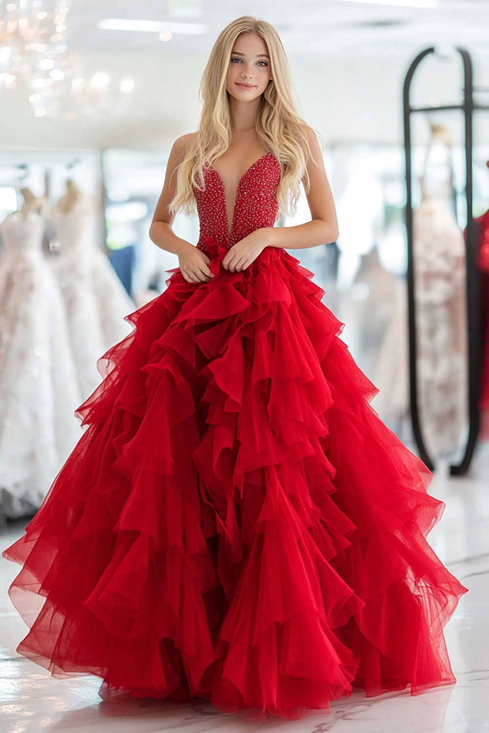 Glitzer Rote Gestuftes Tüll Korsett Ballkleid mit Perlen
