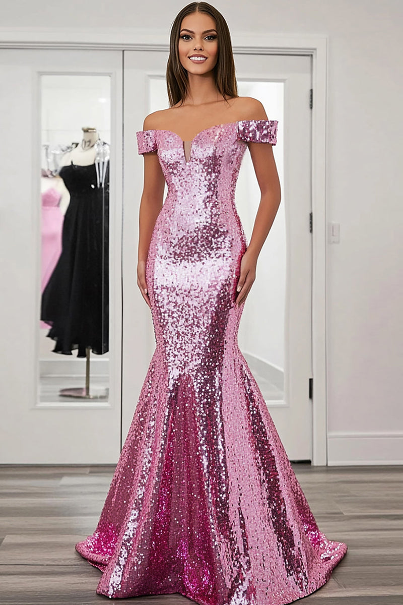 Laden Sie das Bild in den Galerie-Viewer, Glitzer Rosa Schulterfreies Meerjungfrau Abendkleid mit Pailletten