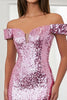 Laden Sie das Bild in den Galerie-Viewer, Glitzer Rosa Schulterfreies Meerjungfrau Abendkleid mit Pailletten
