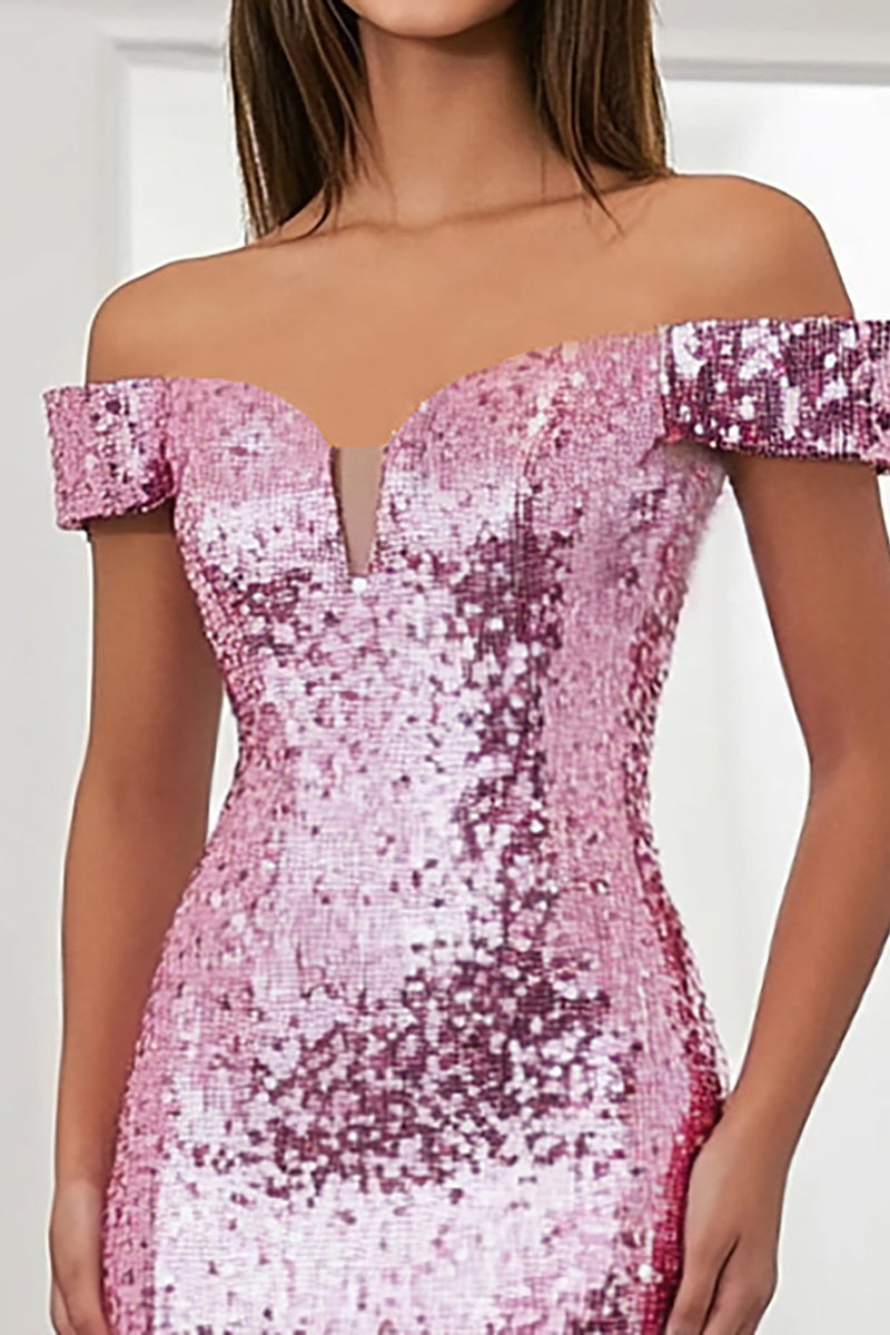Laden Sie das Bild in den Galerie-Viewer, Glitzer Rosa Schulterfreies Meerjungfrau Abendkleid mit Pailletten