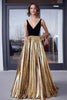Laden Sie das Bild in den Galerie-Viewer, Schwarz Gold A Linie Bodenlanges Abendkleid