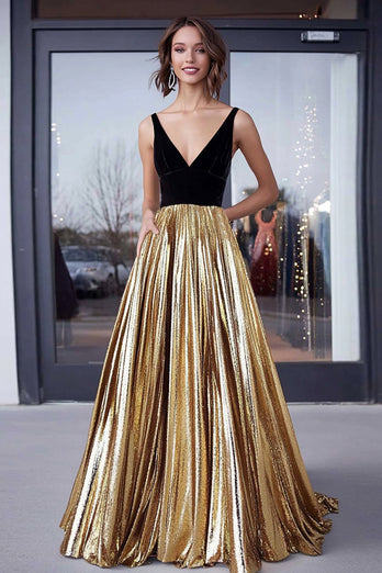 Schwarz Gold A Linie Bodenlanges Abendkleid