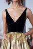Laden Sie das Bild in den Galerie-Viewer, Schwarz Gold A Linie Bodenlanges Abendkleid