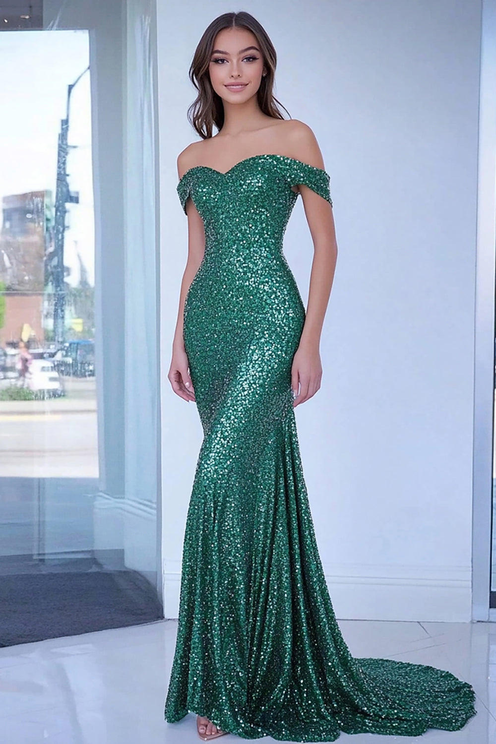 Glitzer Grün Pailletten Schulterfreies Langes Ballkleid