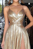 Laden Sie das Bild in den Galerie-Viewer, Gold A Linie Metallic V-Ausschnitt Bodenlanges Ballkleid mit Schlitz