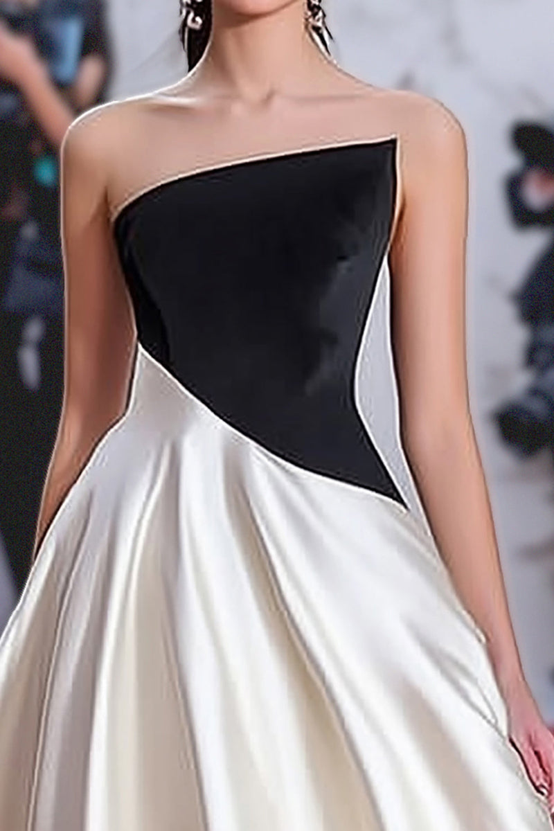 Laden Sie das Bild in den Galerie-Viewer, Schwarz und Weiß A Linie Satin Trägerlos Formelle Kleid