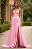 Laden Sie das Bild in den Galerie-Viewer, Rosa A Linien Spaghettiträger Langes Abendkleid mit Schlitz