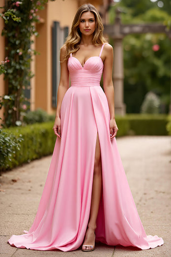 Rosa A Linien Spaghettiträger Langes Abendkleid mit Schlitz