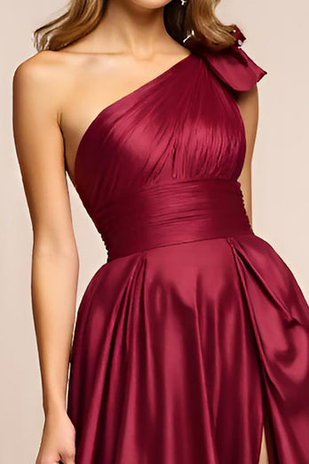 Rot A Linien Ein Schulter Satin Langes Abendkleid mit Schlitz