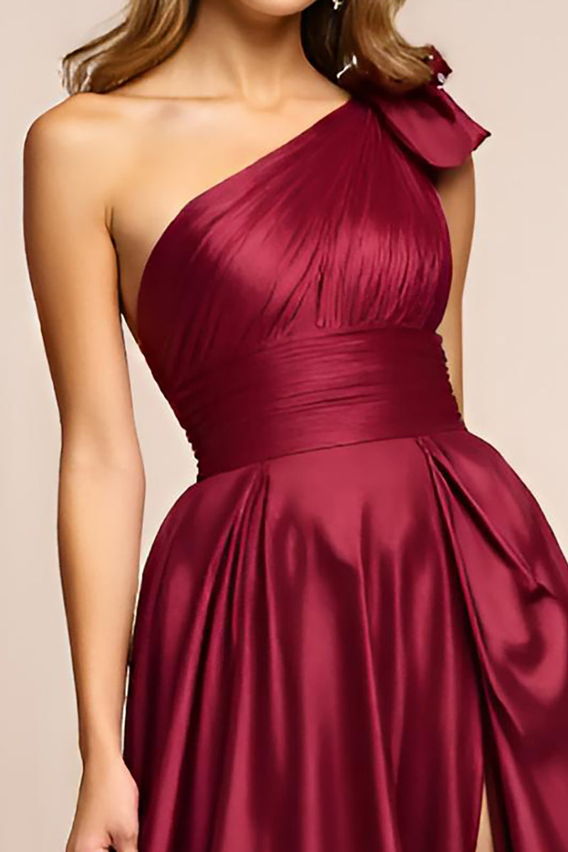 Laden Sie das Bild in den Galerie-Viewer, Rot A Linien Ein Schulter Satin Langes Abendkleid mit Schlitz