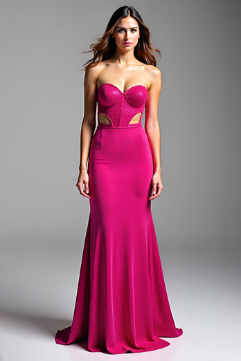 Pink Meerjungfrau Satin Schulterfrei Langes Abendkleid mit Pailletten