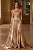 Laden Sie das Bild in den Galerie-Viewer, Glitzer Gold A Linien Satin Eine Schulter Langes Abendkleid mit Schlitz
