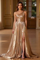 Laden Sie das Bild in den Galerie-Viewer, Glitzer Gold A Linien Satin Eine Schulter Langes Abendkleid mit Schlitz
