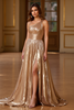 Laden Sie das Bild in den Galerie-Viewer, Glitzer Gold A Linien Satin Eine Schulter Langes Abendkleid mit Schlitz